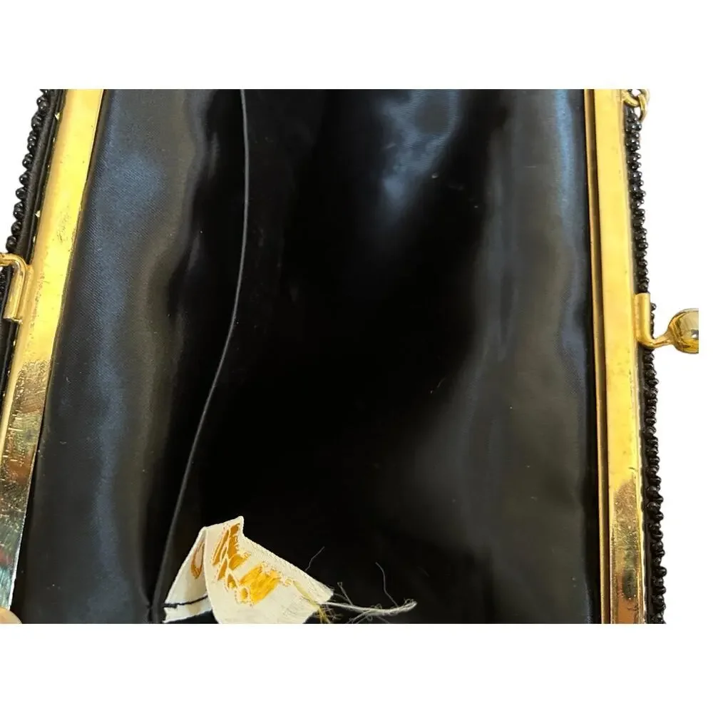 1950s-60s Goldie Black Beaded Evening Purse with Rhinestone Kiss Lock